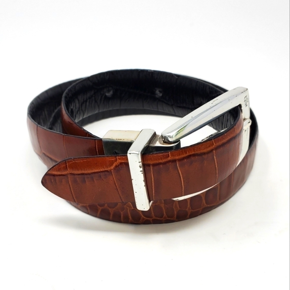 LAUREN RALPH LAUREN REVERSIBLE BLACK & BROWN TEXTURED ANIMAL PRINT BELT MEN OS